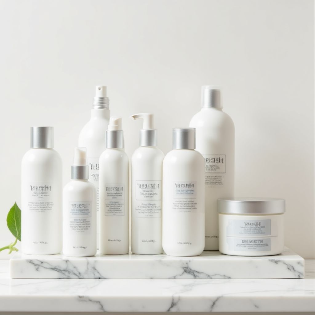 A display of premium, organic beauty products on a wooden shelf
