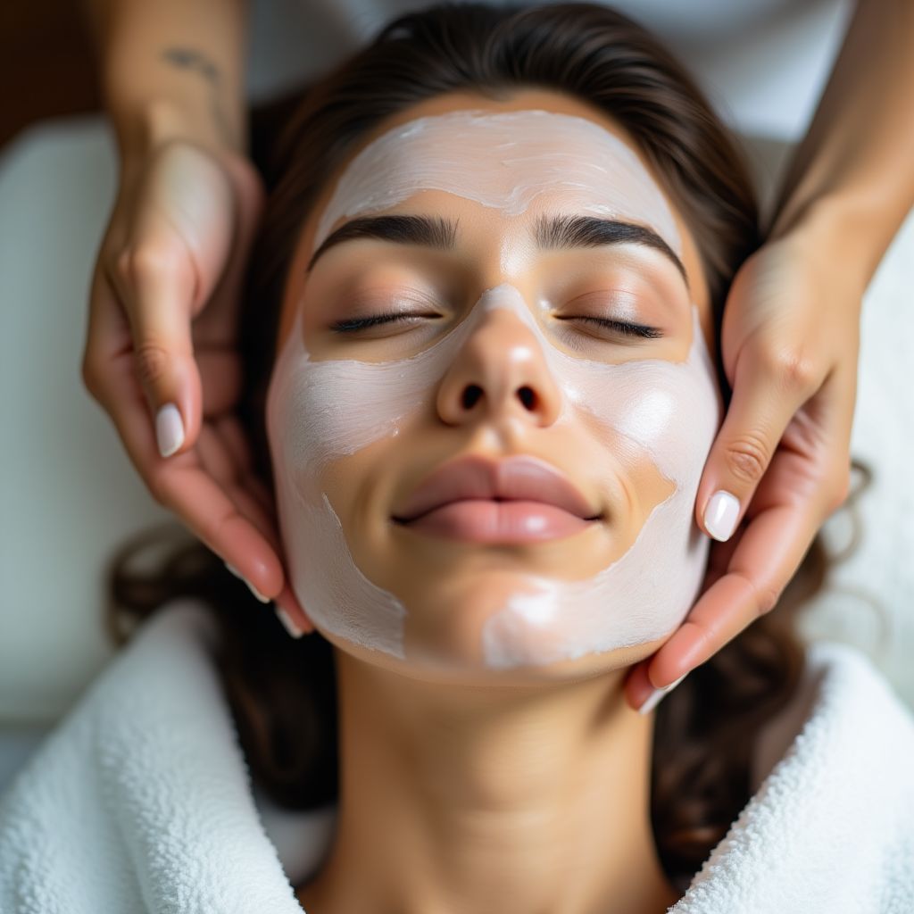 A woman relaxing while receiving a facial treatment